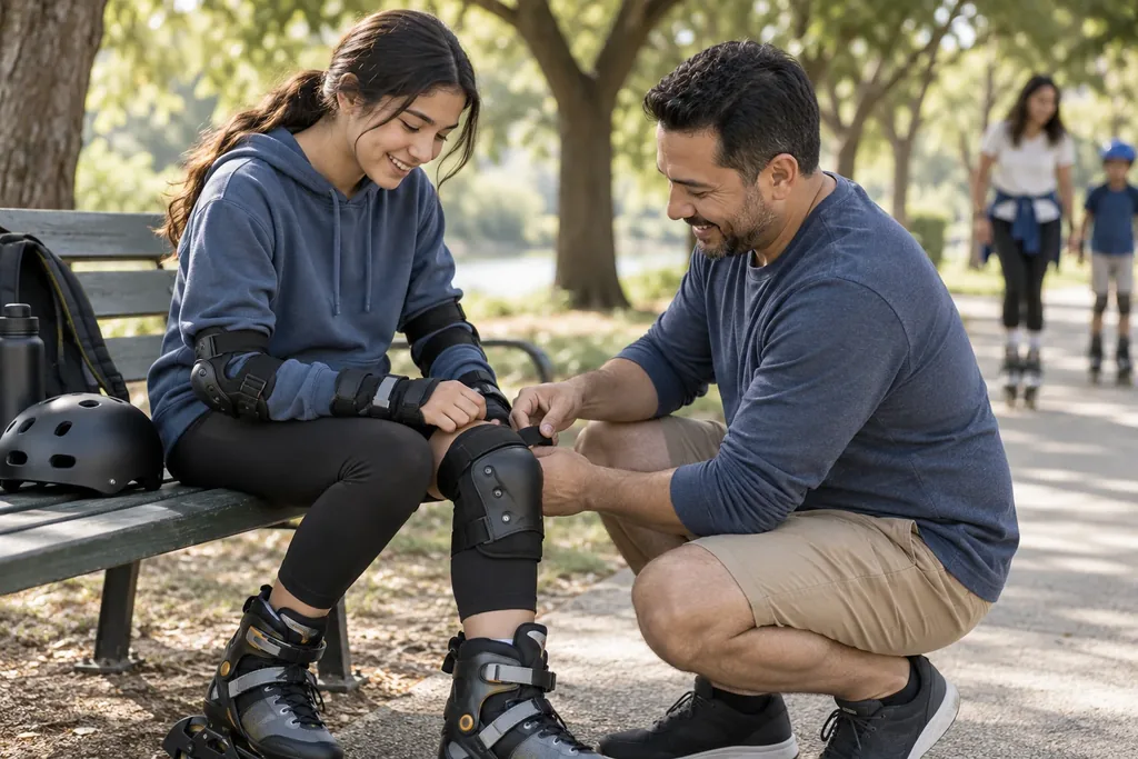 A man kneels to help a smiling teenager with a knee pad on a park bench while other people skate along a path