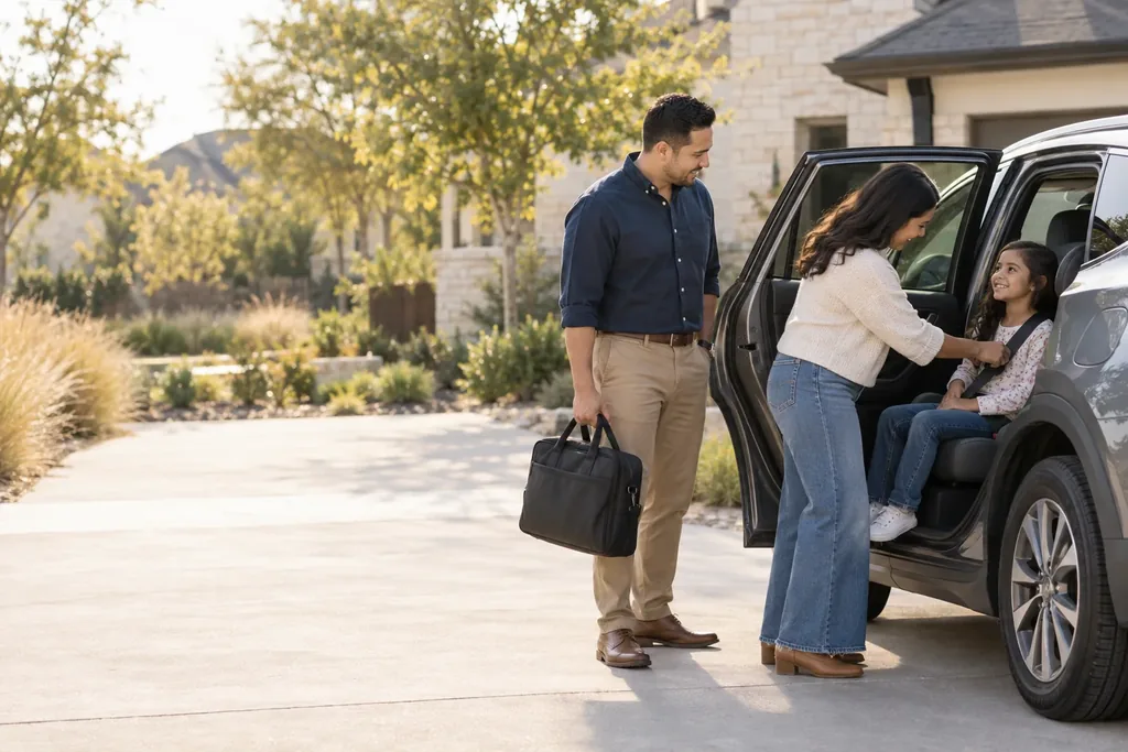 A man holding a briefcase waits beside an SUV in a driveway while a woman buckles a smiling girl into the back seat