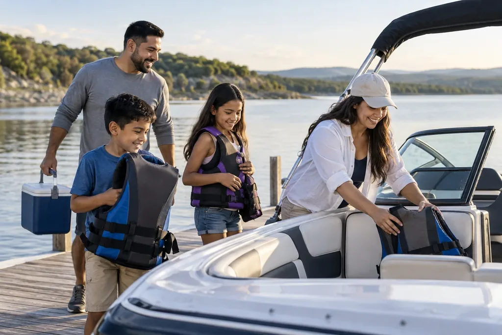 A man, a woman and two children carry life jackets and a cooler as they load a boat at a lakeside dock