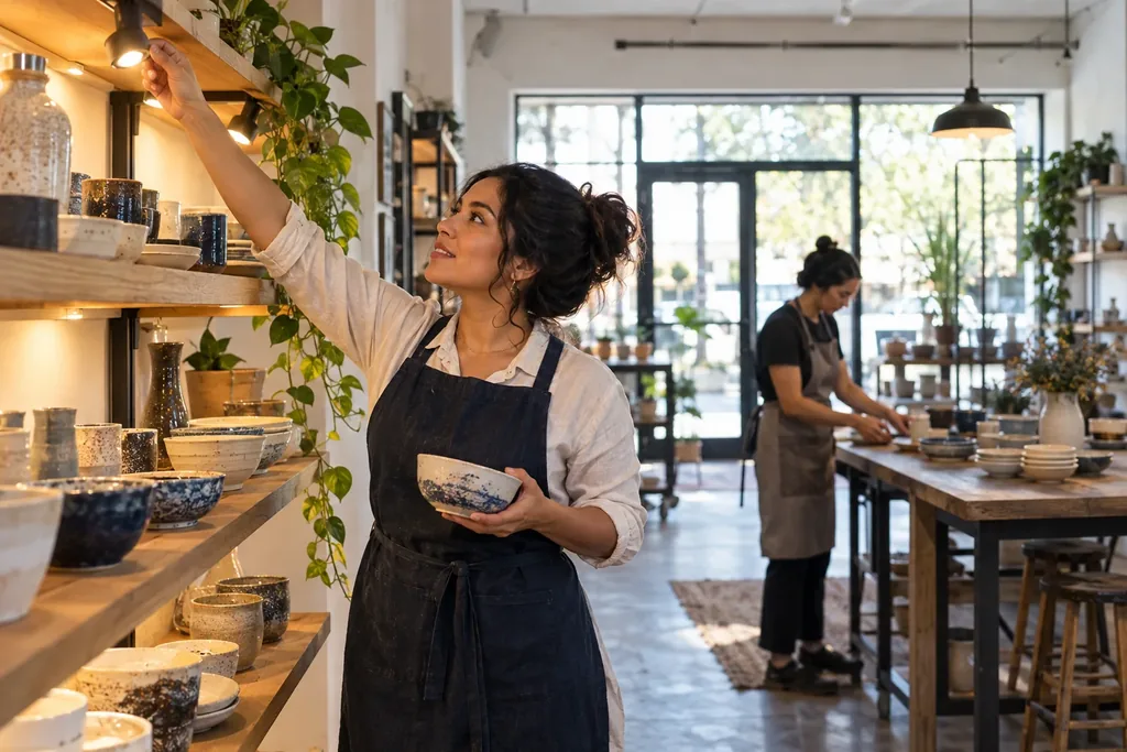 A woman in an apron holding a ceramic bowl and reaching toward a shelf of pottery in a bright shop, while another woman arranges pieces on a table in the background