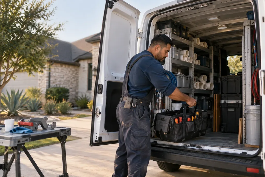 A man in work overalls loading a tool bag into a white cargo van stocked with shelves of pipe fittings and supplies, parked in a residential driveway