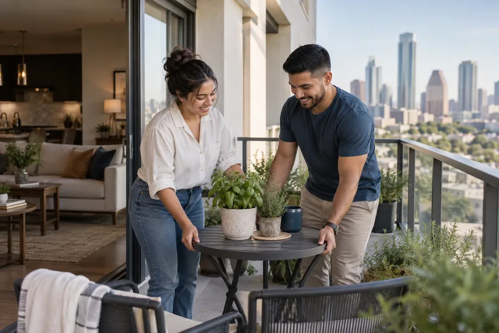 A couple sets potted herbs on a small table on a high-rise balcony overlooking a city skyline