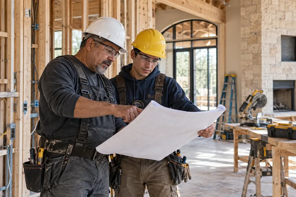 Two men in hard hats, safety glasses and tool belts reviewing a large blueprint inside a home under construction with exposed wood framing
