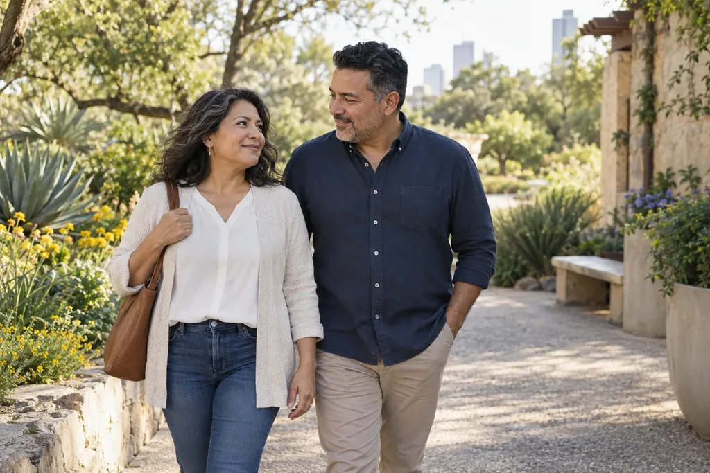 A smiling middle-aged couple walks along a sunny garden path with city buildings in the distance