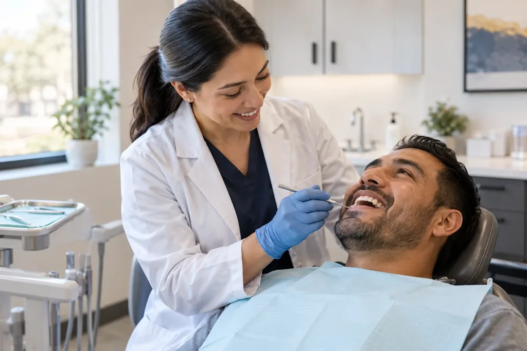 A dental professional in a white coat and gloves examines the teeth of a smiling man in a dental chair