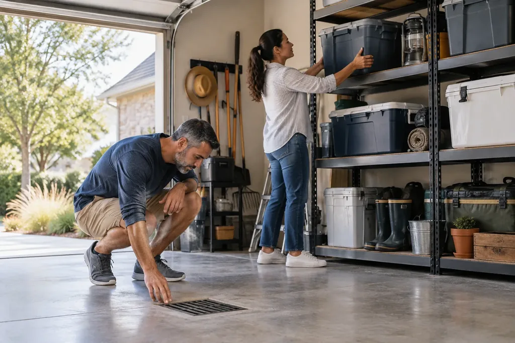 A man crouches to check a floor drain in a garage while a woman places storage bins on a tall metal shelf