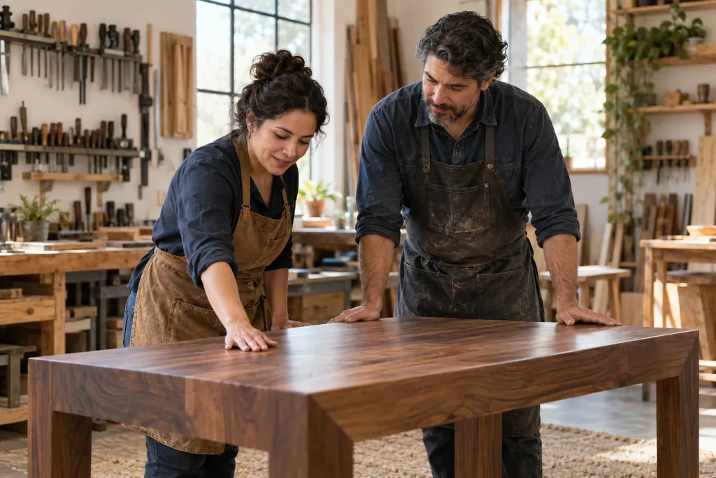 Dos dueños de negocio trabajan juntos en una mesa de madera de su taller