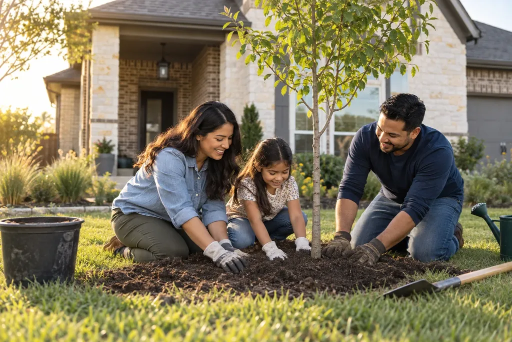 Una familia planta un árbol joven frente a su casa