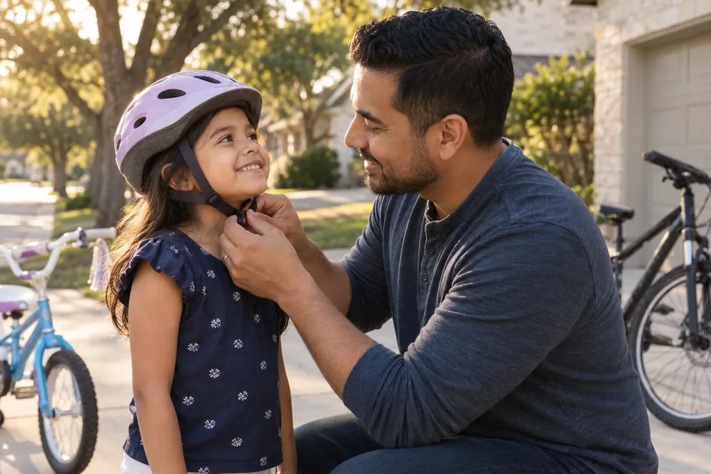 Un padre ayuda a su hija con el casco de la bicicleta