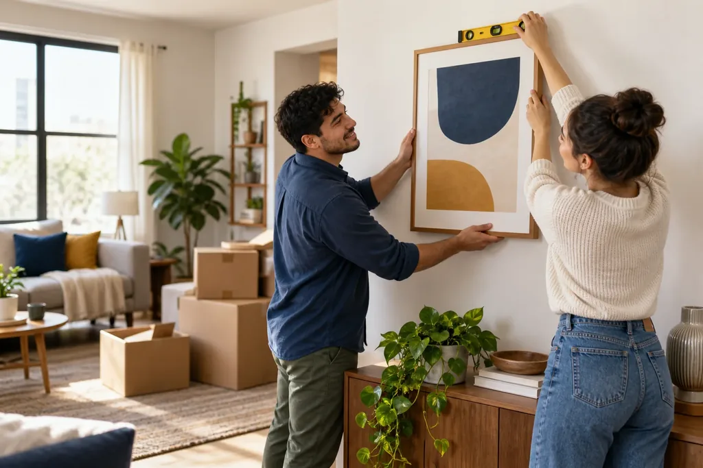 Una pareja cuelga un cuadro en su nuevo hogar alquilado