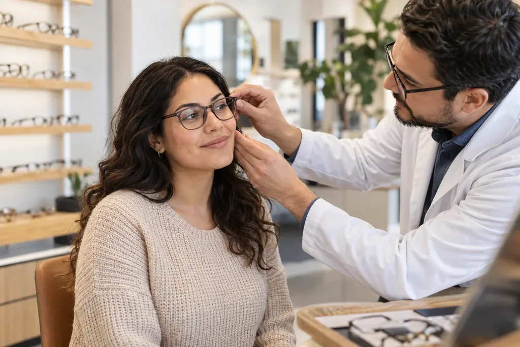 Un óptico le ajusta los lentes a una mujer