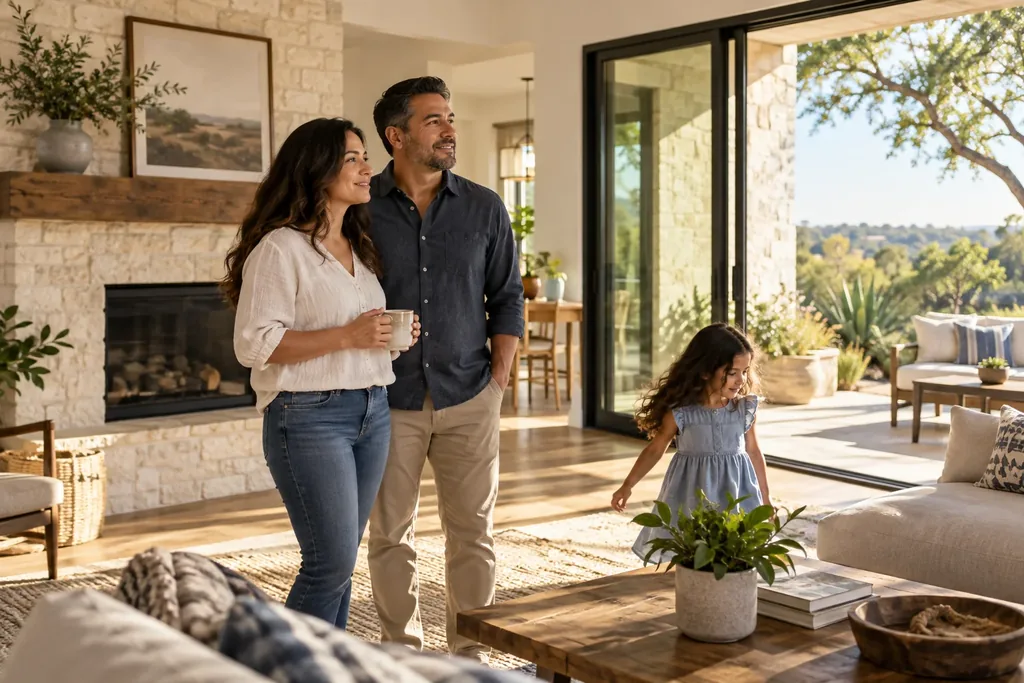A couple talking in the living room of their home while their daughter plays nearby