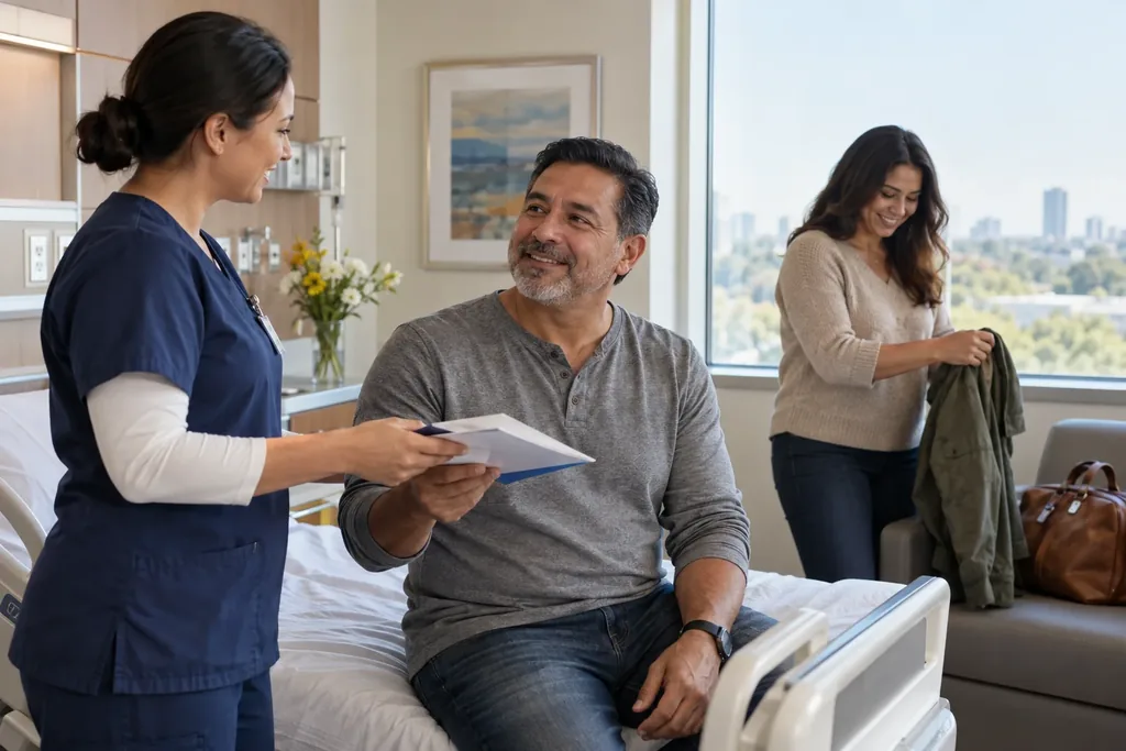 A health care worker in scrubs hands papers to a smiling man sitting on a hospital bed while a woman gathers a jacket by the window