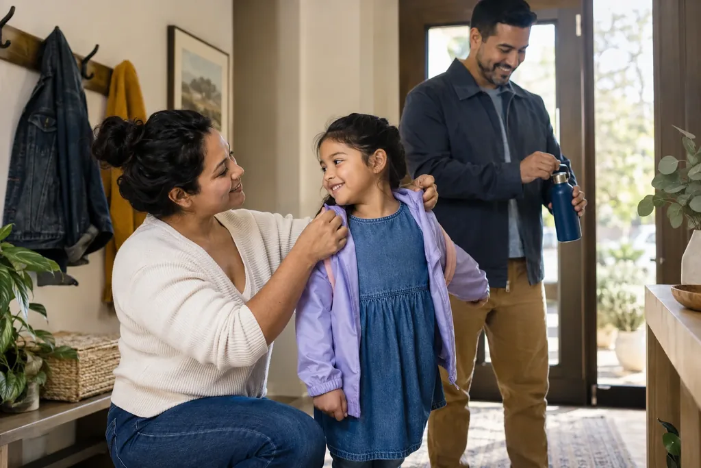 A woman adjusts a smiling girl's jacket and backpack in an entryway while a man holds a water bottle near the front door