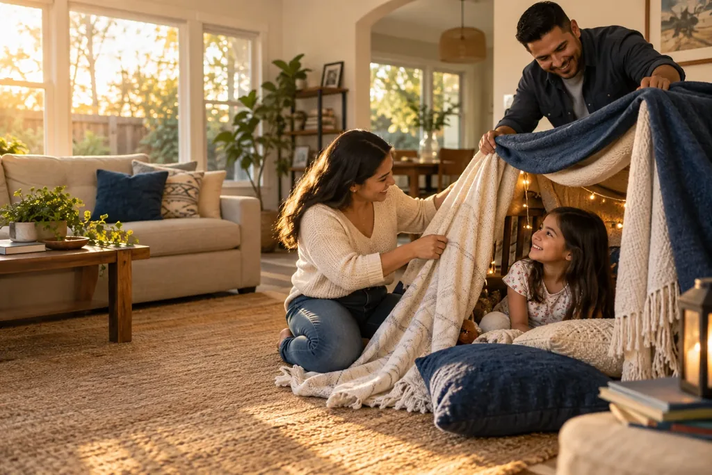 A couple building a blanket fort with their daughter in a sunlit living room