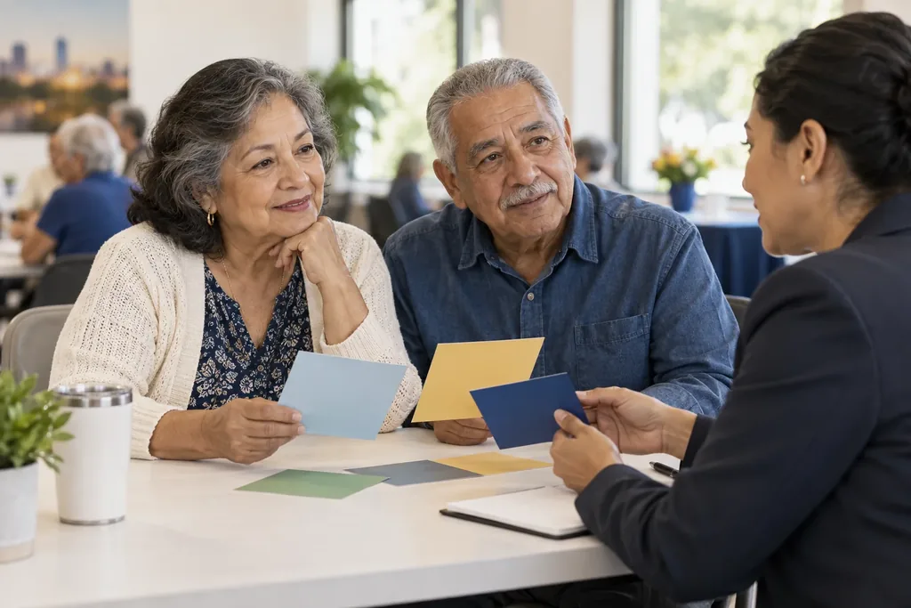 An older couple looks over colored cards with a woman across the table in a bright community room