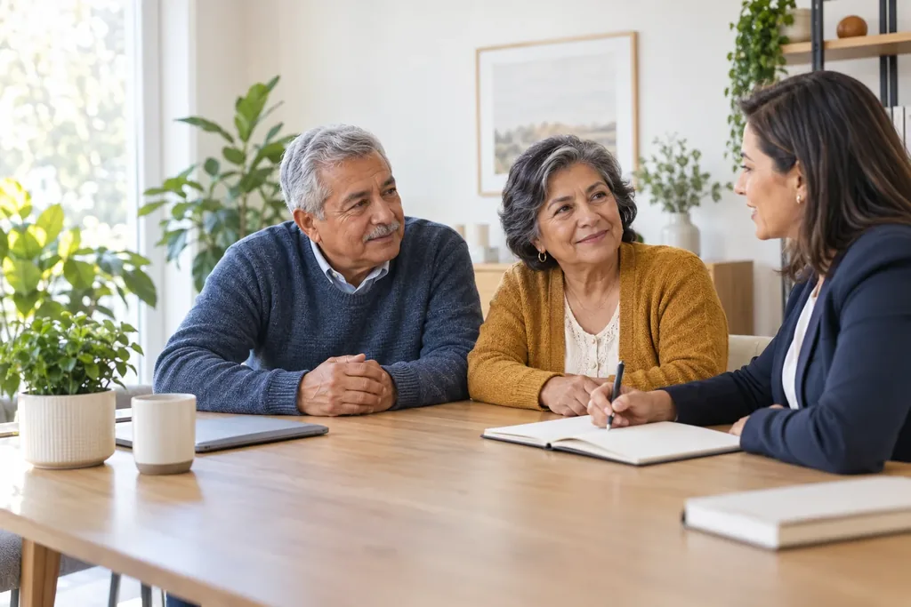 An older couple sits at a wooden table in a bright room, talking with a woman who takes notes in a notebook