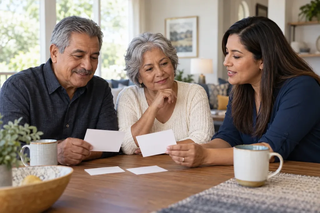 An older couple and a woman sit at a wooden table at home, looking over white cards beside coffee mugs