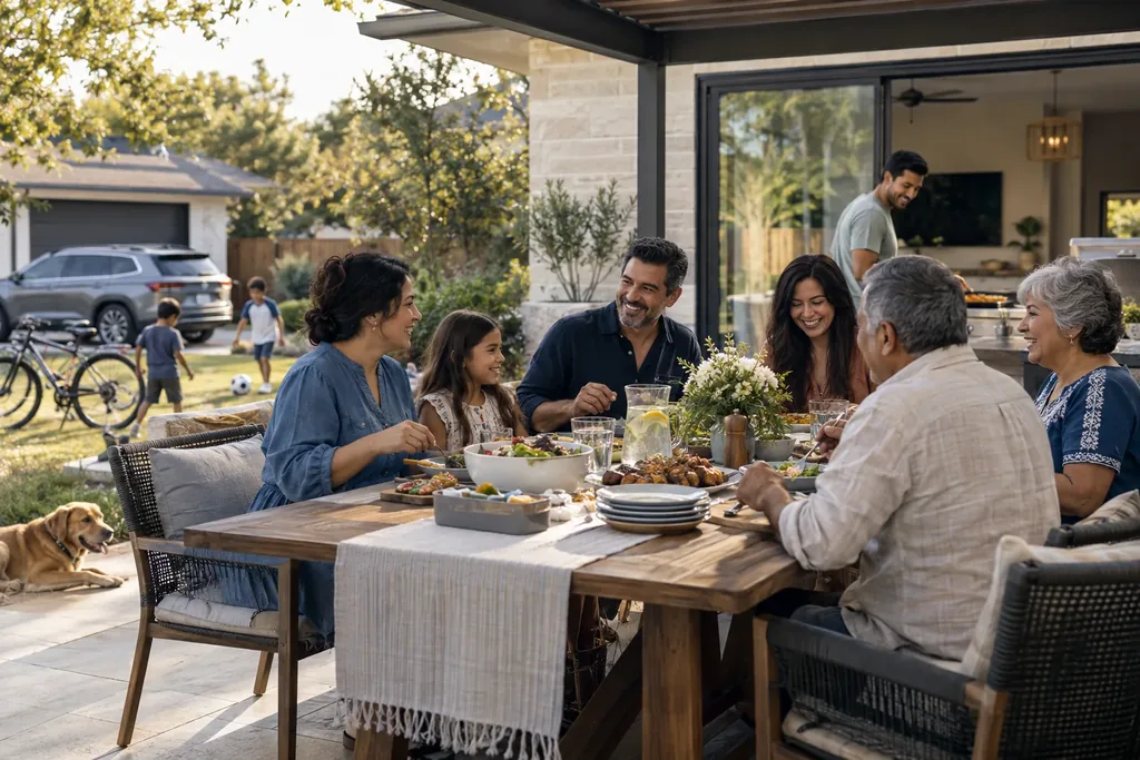 Several adults of different ages and a girl share a meal on a covered patio while two boys play in the yard and a dog rests nearby