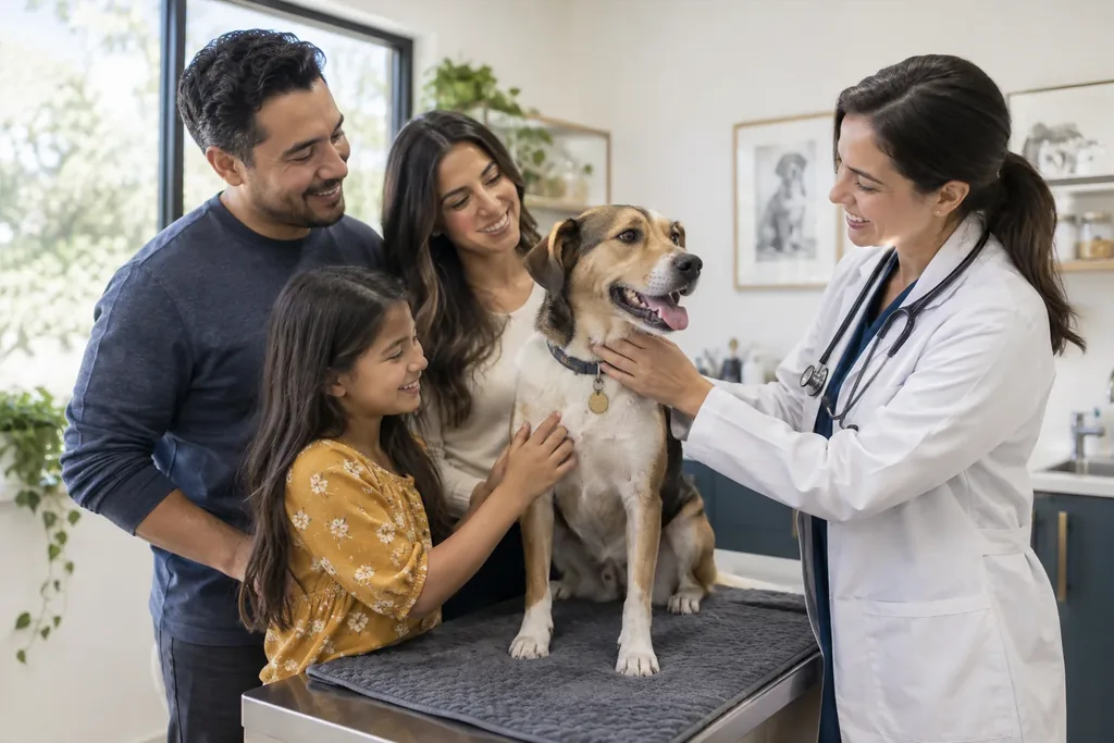 A veterinarian gently holds a happy dog on an exam table while a man, a woman and a young girl gather around