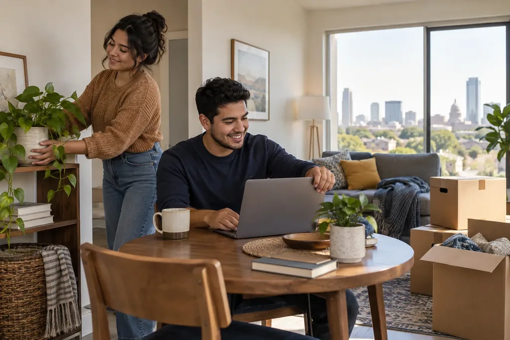 A young man smiles at a laptop at a dining table while a woman arranges plants on a shelf in an apartment with moving boxes and a city view