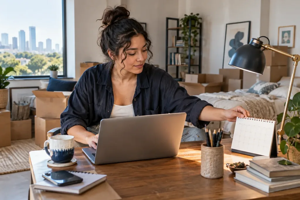 A woman works at a laptop and reaches for a desk calendar in an apartment with moving boxes and a city skyline view