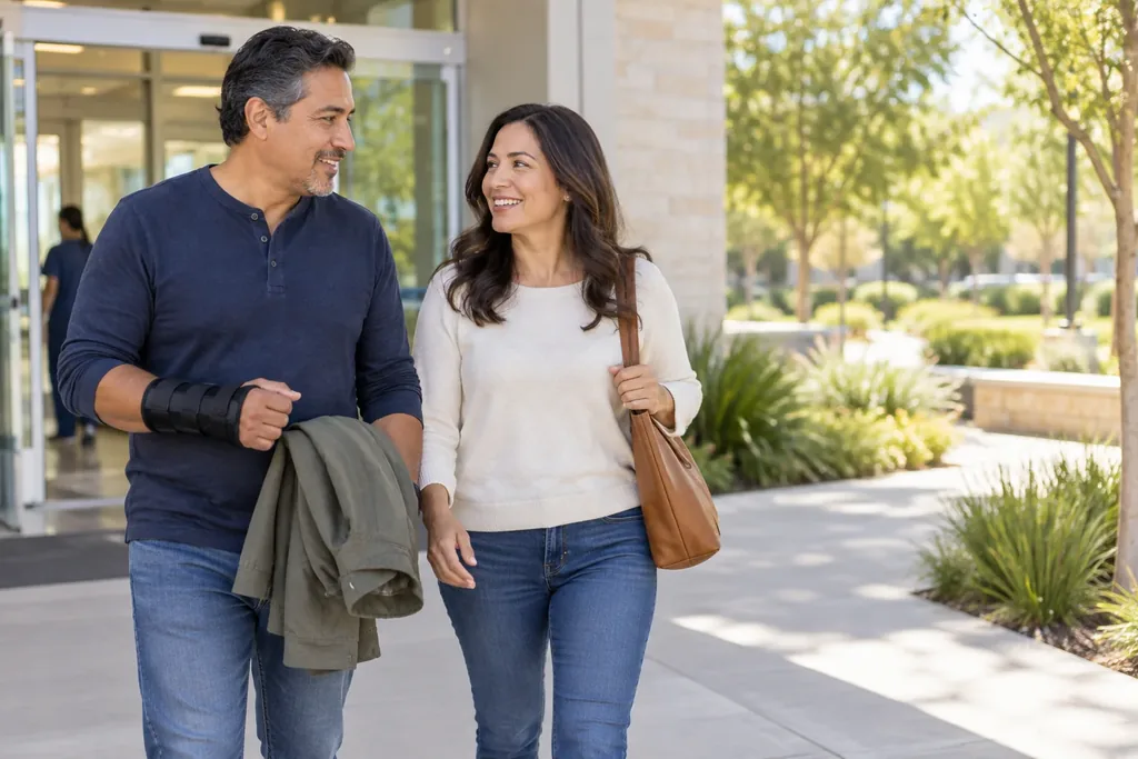 A man wearing a wrist brace walks and smiles with a woman outside a building entrance on a sunny day
