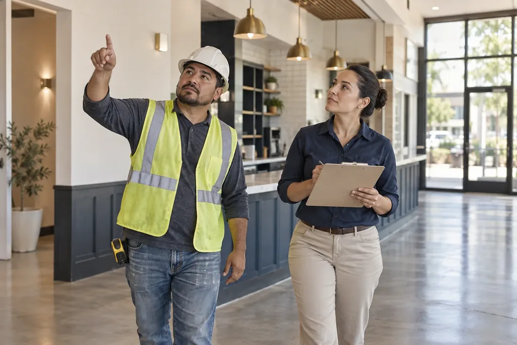 A man in a hard hat and safety vest pointing upward while walking through a newly finished commercial space with a woman holding a clipboard