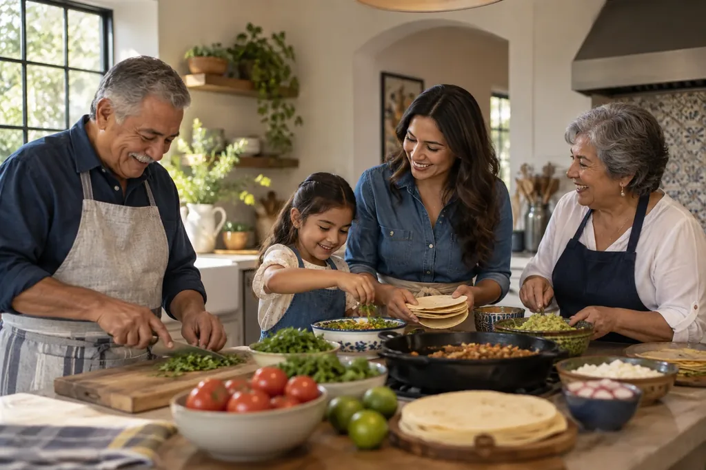 Three generations of a family preparing a meal in a bright kitchen, with tortillas, fresh vegetables and herbs on the counter