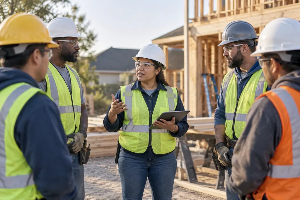 A woman in a hard hat and safety vest holding a tablet and talking with a group of workers in hard hats and vests at a residential construction site
